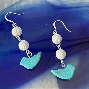 2/$29 Handmade White Lava Stone Pastel Blue Bird Earring 2.25” Coastal Boho